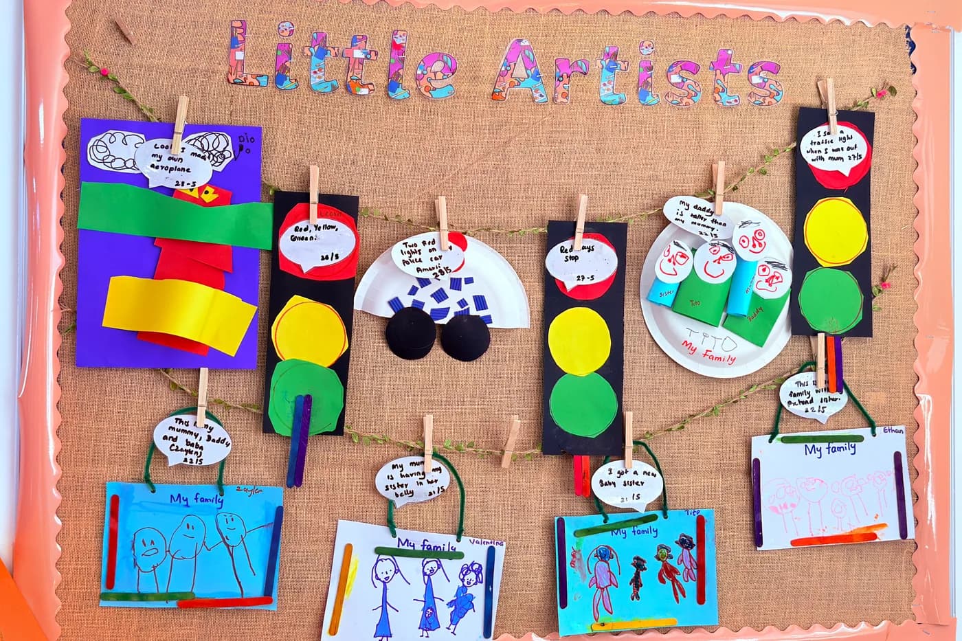 Little Artists display board of children's artwork at Blue Nest Montessori Borehamwood